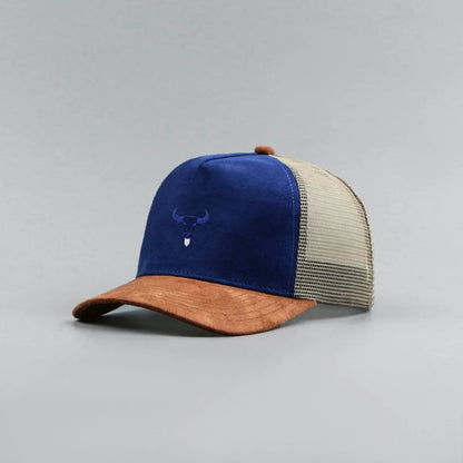 Blue Bull Head Print Unisex Mesh Suede Trucker Hat Spring Summer