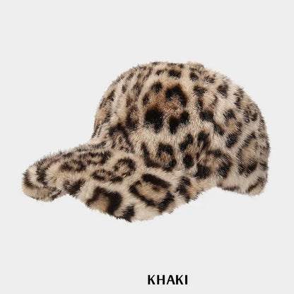 Leopard Print Baseball Cap Women Plush Faux Fur Keep Warm Winter