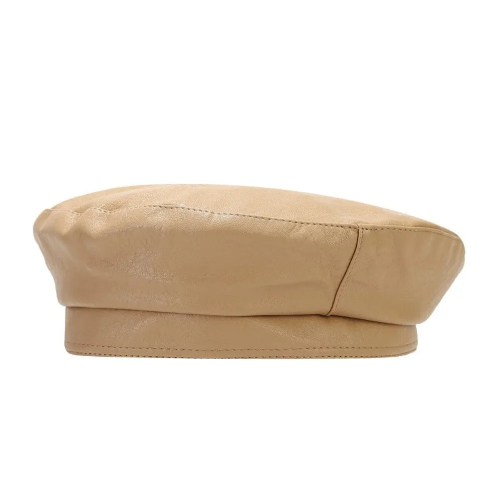 Fashionable PU Leather Pearl Bow Beret Solid Color British Style Artist Hat