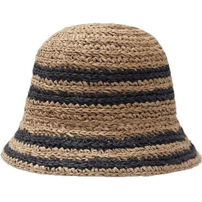 Woven Straw Hat Women Summer Strip Sunshade Bucket Hat