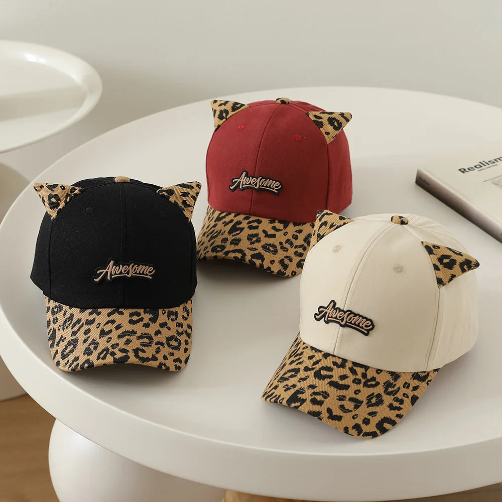 3-6Y Autumn Korean Kids Hat Cute Cat Ears Leopard Print Baseball Cap