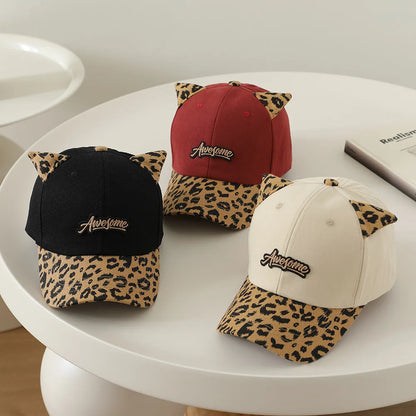 3-6Y Autumn Korean Kids Hat Cute Cat Ears Leopard Print Baseball Cap