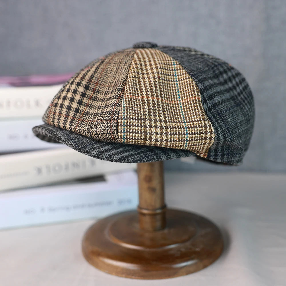 Men Newsboy Hats Wool Autumn Vintage Herringbone Octagon Cap