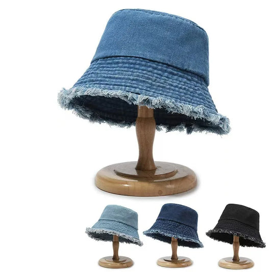 New Summer Washed Denim Blue Bucket Hat For Women