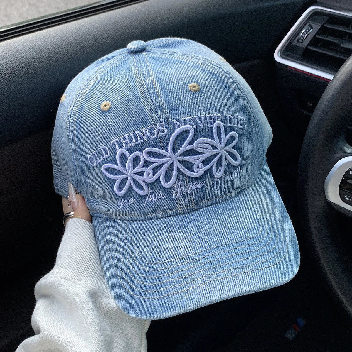 Vintage Washed Cotton Baseball Cap with Cute Flower Embroidery