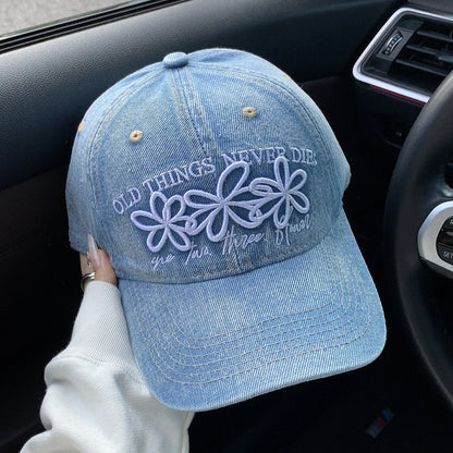Vintage Washed Cotton Baseball Cap with Cute Flower Embroidery