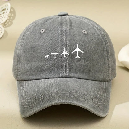 Retro Airplane Print Washed Baseball Cap for Both Men and Women