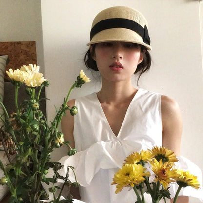 Bow Shaped Dome Grass Woven Duckbill Hat