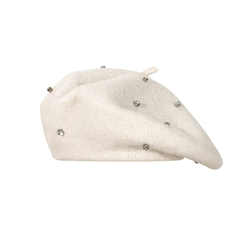 Rhinestone Women Beret Hat Autumn Winter Vintage French Artist Cap