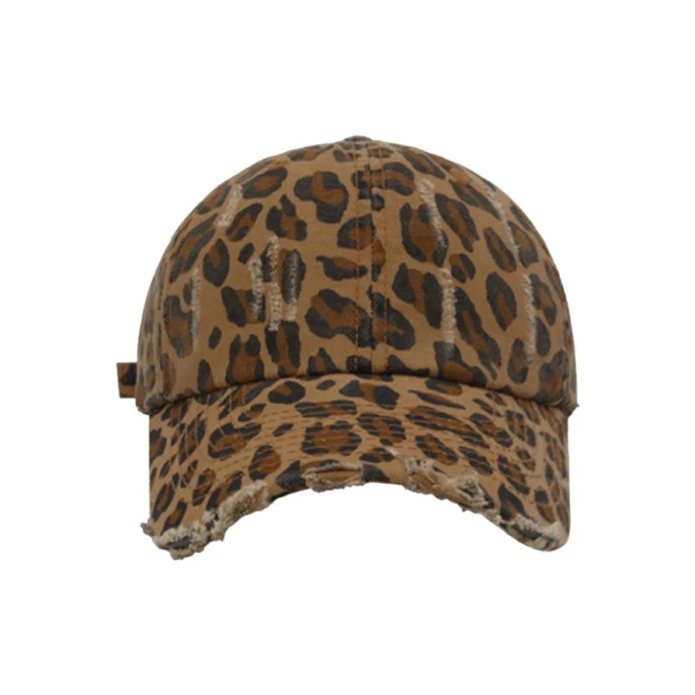 Retro Distressed Leopard Print Baseball Hat Adjustable
