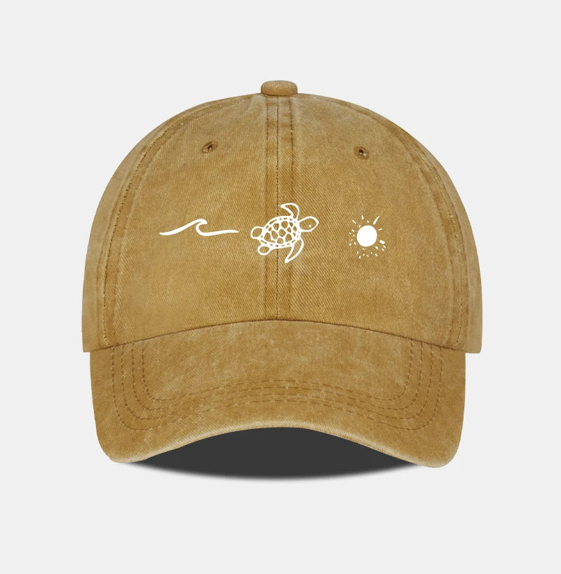 Retro Washed Baseball Cap With Wave Turtle and Sun Print Unisex Adjustable Dad Cap Summer Beach Sun Hat