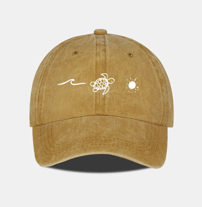 Retro Washed Baseball Cap With Wave Turtle and Sun Print Unisex Adjustable Dad Cap Summer Beach Sun Hat