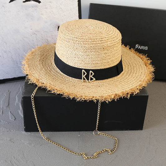 Designer Raffia Straw Hat With Chain Letter Women Summer Bikini Beach Sun Hat