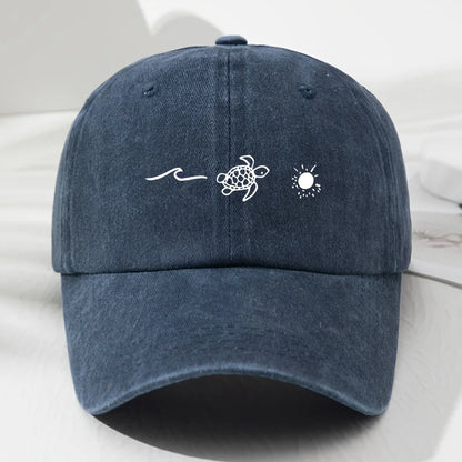 Wave Turtle Sun Printed Baseball Cap, Retro Style For Men And Women