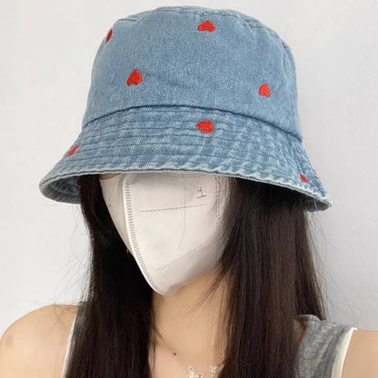 Korean Embroidered Heart Bucket Hat