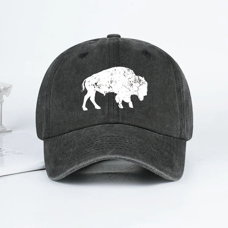 Vintage Distressed Bison Print Washed Baseball Cap