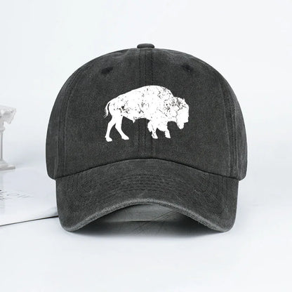 Vintage Distressed Bison Print Washed Baseball Cap