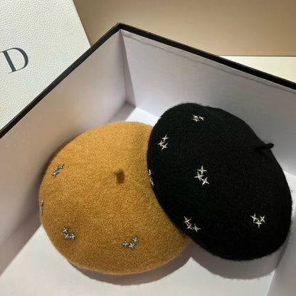 Luxury Rhinestone Stars Women's Wool Beret Winter Warm Beanie Hat