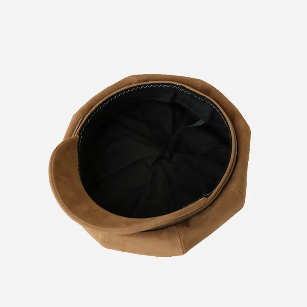 Personality British Style Pu Leather Beret Belt Buckle Brown Suede Octagonal Hat