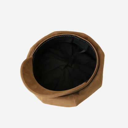 Personality British Style Pu Leather Beret Belt Buckle Brown Suede Octagonal Hat