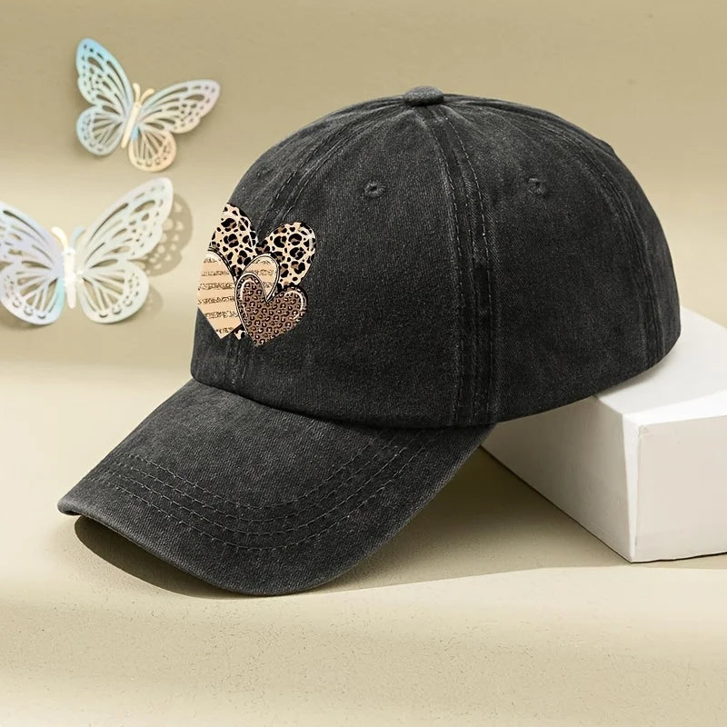 Three Leopard Print Love Pattern Women's Washed Baseball Caps