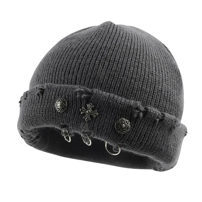 Street Hip-Hop Retro Cross Ring Perforated Woolen Hat For Women