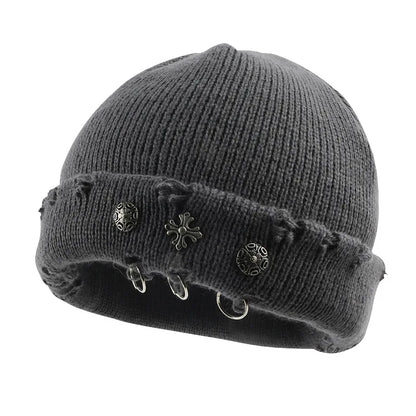 Street Hip-Hop Retro Cross Ring Perforated Woolen Hat For Women