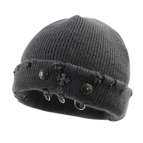 Street Hip-Hop Retro Cross Ring Perforated Woolen Hat For Women