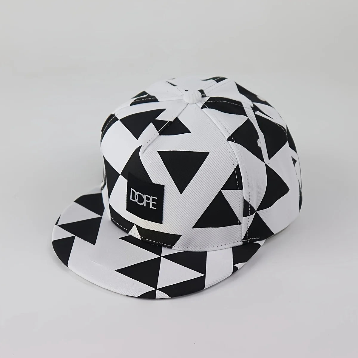 Black White Geometric Triangle Print Snapback Hat Flat Brim Hip Hop Adjustable Streetwear Sun Hat
