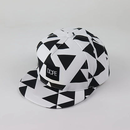 Black White Geometric Triangle Print Snapback Hat Flat Brim Hip Hop Adjustable Streetwear Sun Hat