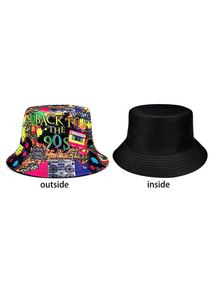 Retro Nostalgic Graffiti 90S Fisherman Hat, Personalized Trendy Printed Unisex Sun Hat