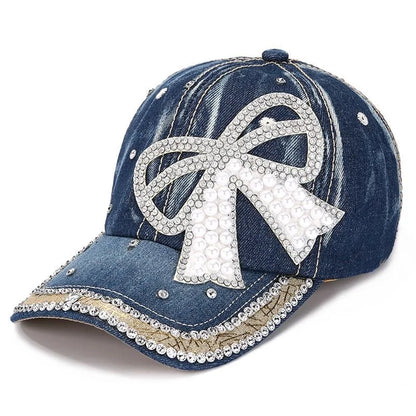 Women's Pearl Rhinestone Bow Denim Baseball Cap