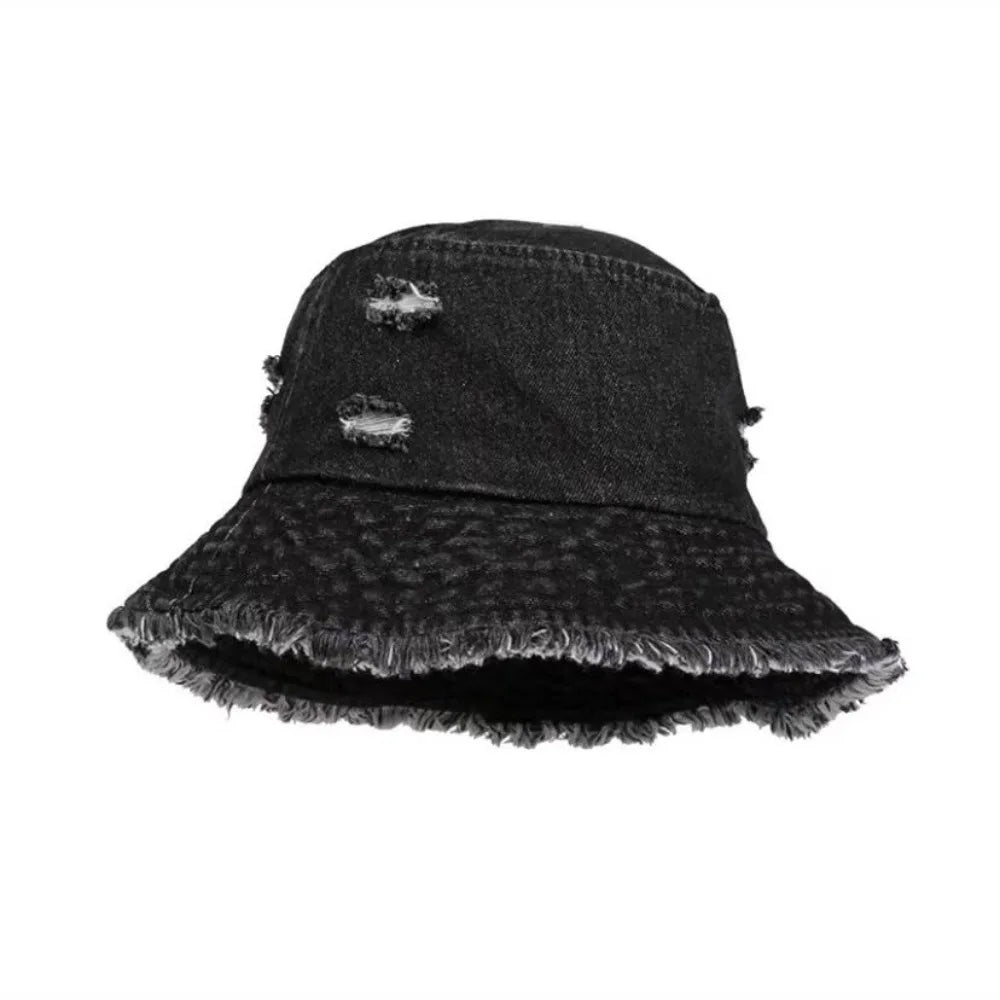 Fashion Washed Denim Bucket Hats Wide Brim Tassel Edge Fishermen Caps
