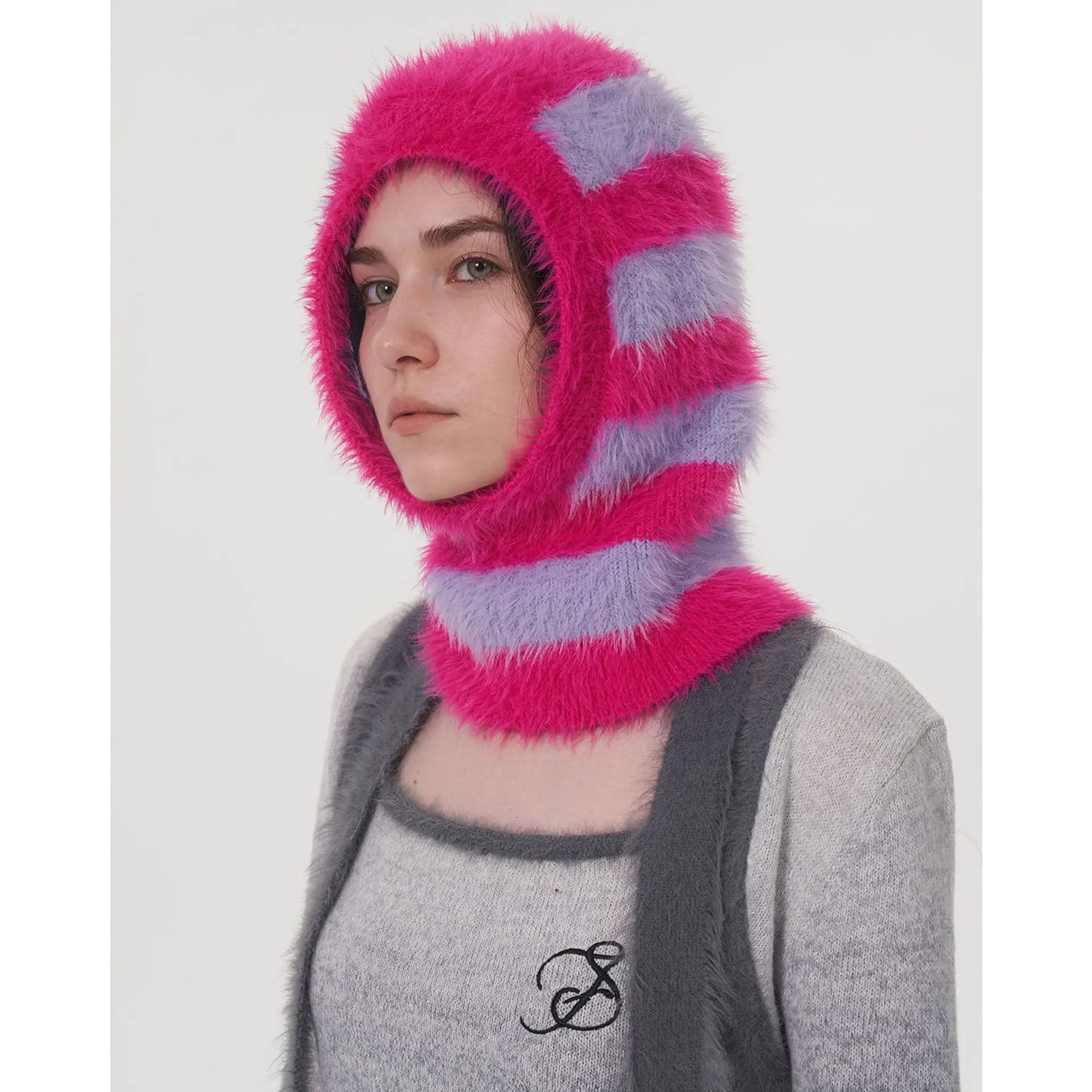 One-Piece Knit Balaclavas Stripes Imitation Mink Velvet Hats Scarf Hat