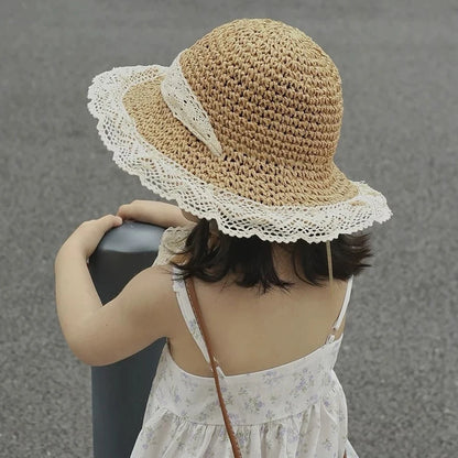 Girls Summer Straw Sun Hat Breathable Beach Fisher Cap