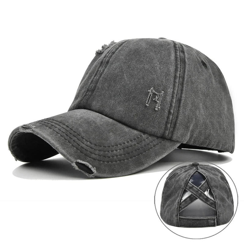 Vintage Washed Distressed Baseball Cap, Criss Cross Ponytail Hat
