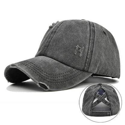 Vintage Washed Distressed Baseball Cap, Criss Cross Ponytail Hat