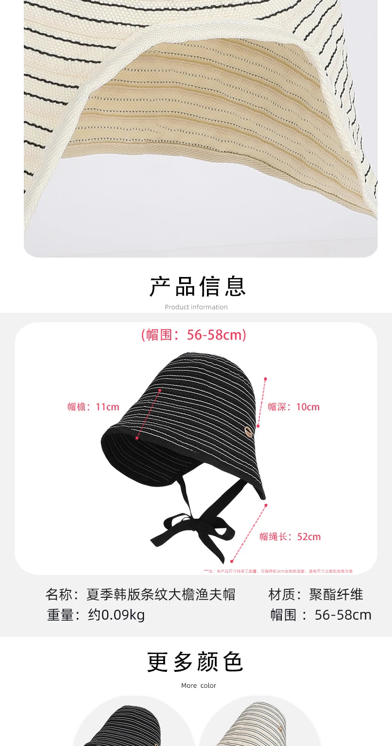 Korean Striped Fisherman Hat Summer Outdoor Travel Sun Hat Japanese Strap Wrapped Around the Brim Sun Hat