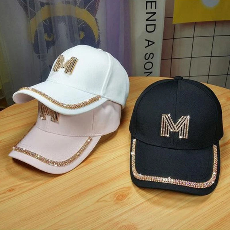 Women Baseball Caps Letter M&D Rhinestones Adjustable Casual Caps Outdoor Sports Style Sun Hat