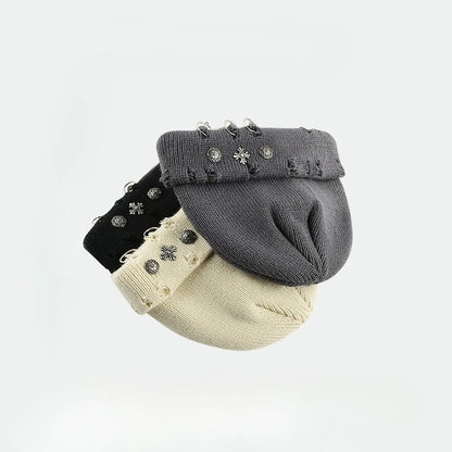 Street Hip-Hop Retro Cross Ring Perforated Woolen Hat For Women