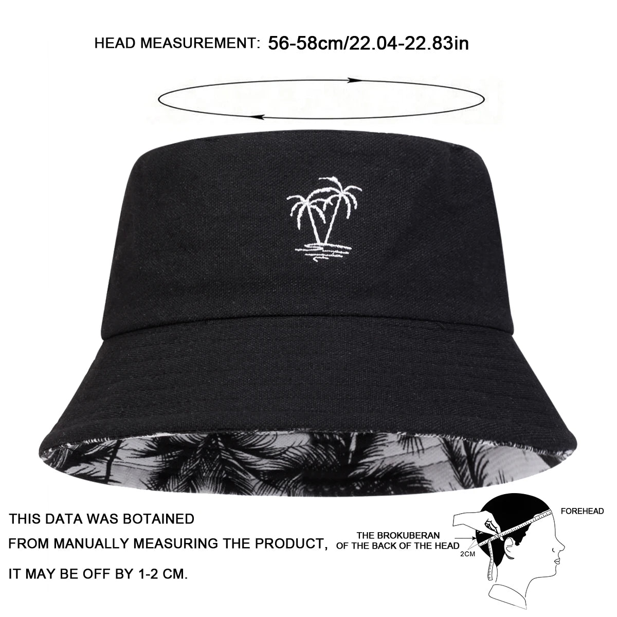 Unisex Coconut Tree Embroidery Double Sided Wearing Bucket Hats Fishermen Caps Outdoor Casual Cap Sunscreen Hat