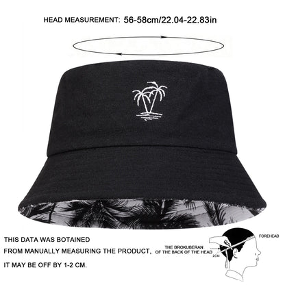 Unisex Coconut Tree Embroidery Double Sided Wearing Bucket Hats Fishermen Caps Outdoor Casual Cap Sunscreen Hat