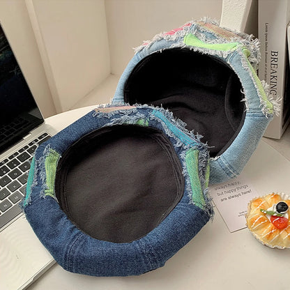 Women Washed Denim Beret Hat Fashion Patchwork Hole Octagonal Cap