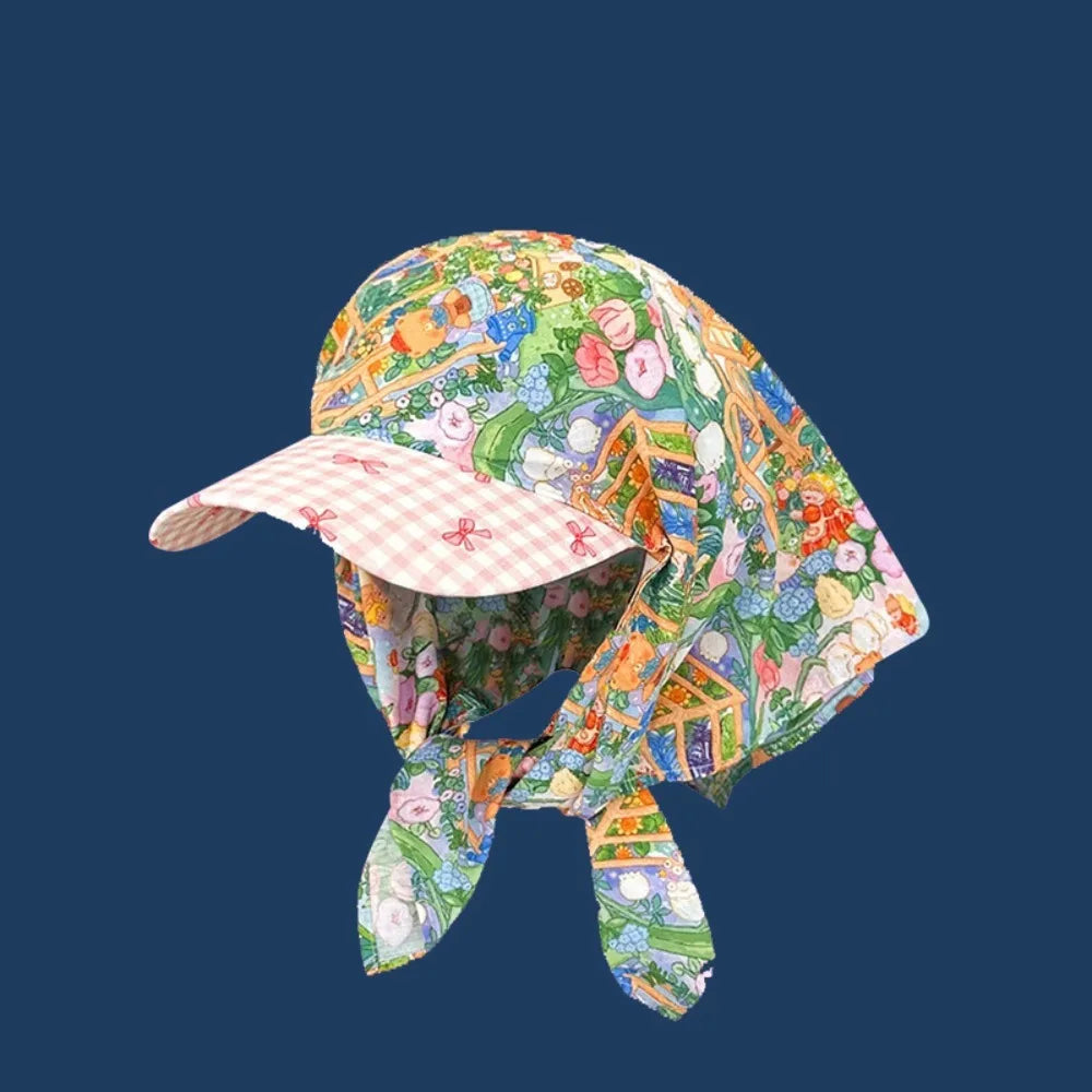 Women Plaid Tie Back Turban Hat Summer