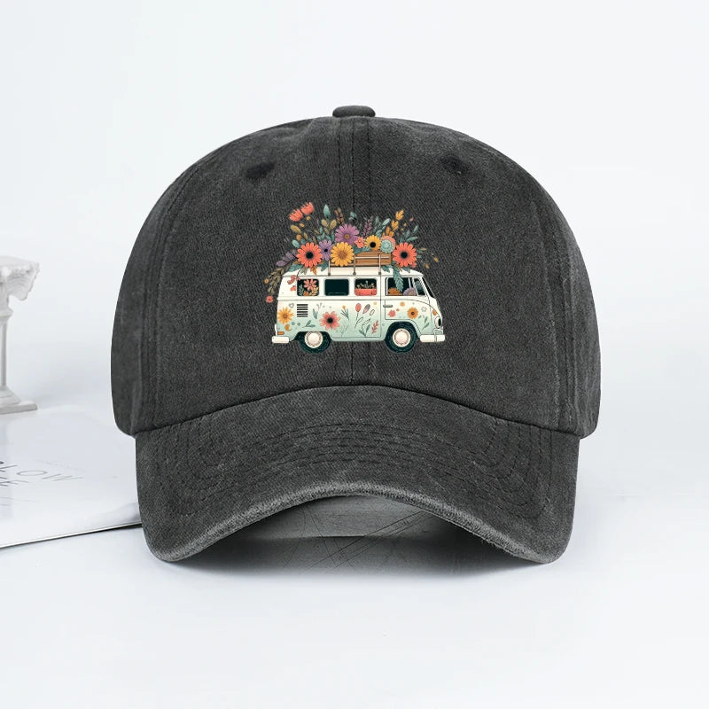 Vintage Floral Van Print Washed Baseball Cap