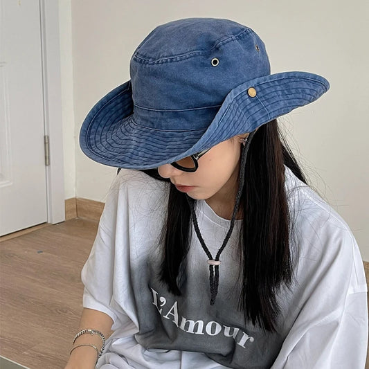 Blue Cowboy Bucket Hat With String Men Denim Beach Sun Hat
