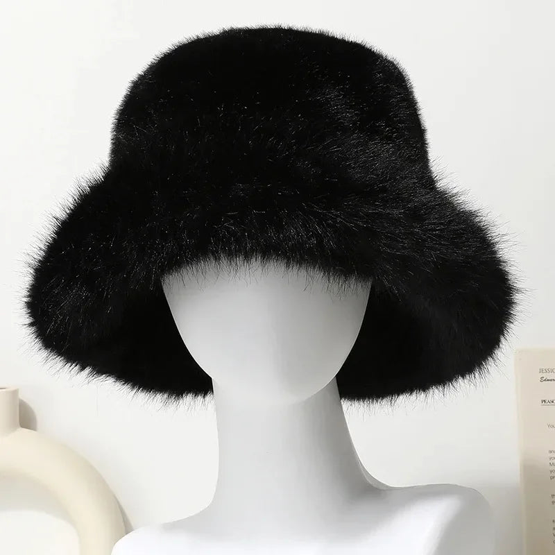 Bright Yellow Imitation Mink Fur Bucket Hat Women's Panama Style Korean New