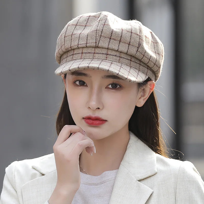 Spring Autumn Plaid Octagonal Hat Women  Retro Beret Newsboy Cap