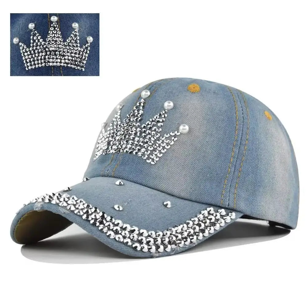 Baseball Cap Women Retro Street Crown Beads Denim