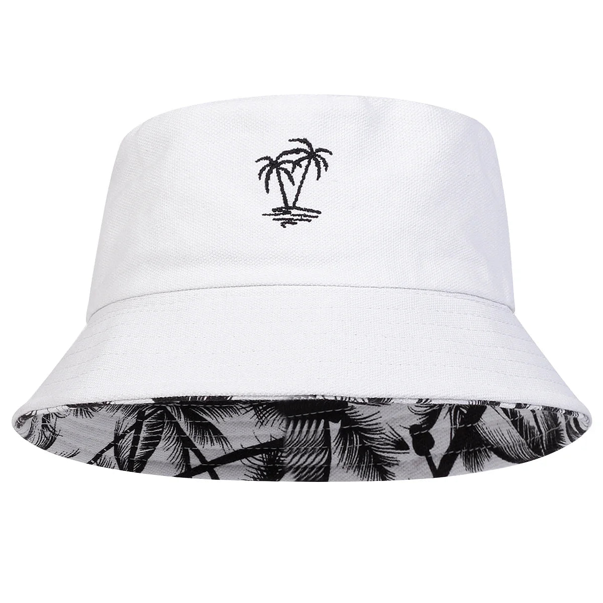 Unisex Coconut Tree Embroidery Double Sided Wearing Bucket Hats Fishermen Caps Outdoor Casual Cap Sunscreen Hat